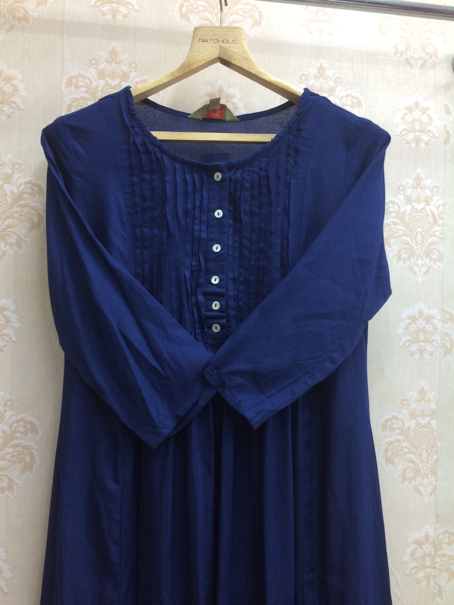 Navy Blue Rayon Kurti with Pleated Yoke