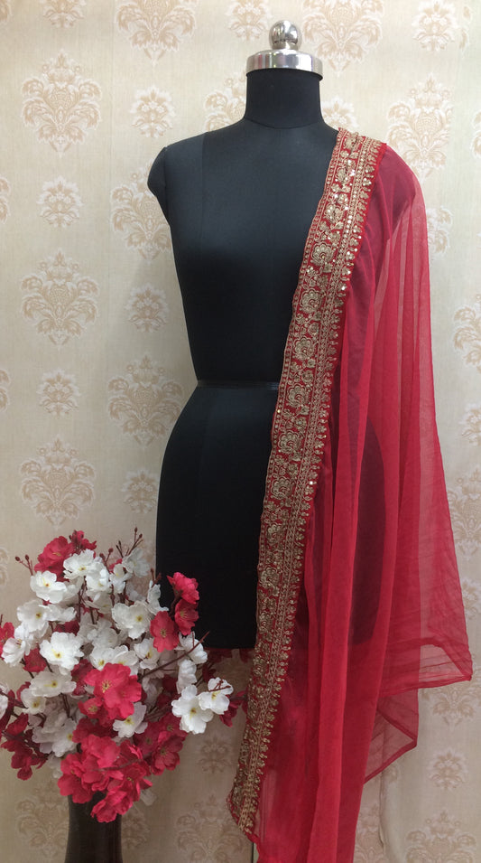 Bridal Red Organza Dupatta with Heavy Gold Zari and Sequin Work