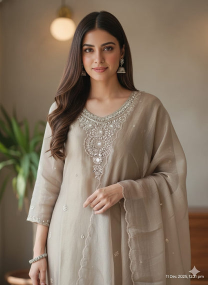 Elegant Beige Sequin & Zari Work Kurta Set with Organza Dupatta