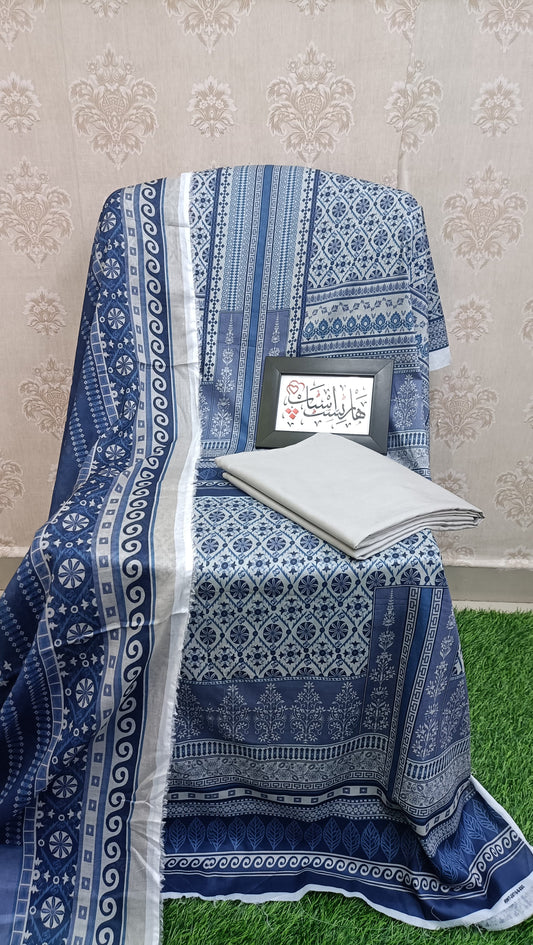 Bin Saeed Unstitched Printed Lawn 3-Piece Suit – Midnight Indigo & Soft Grey