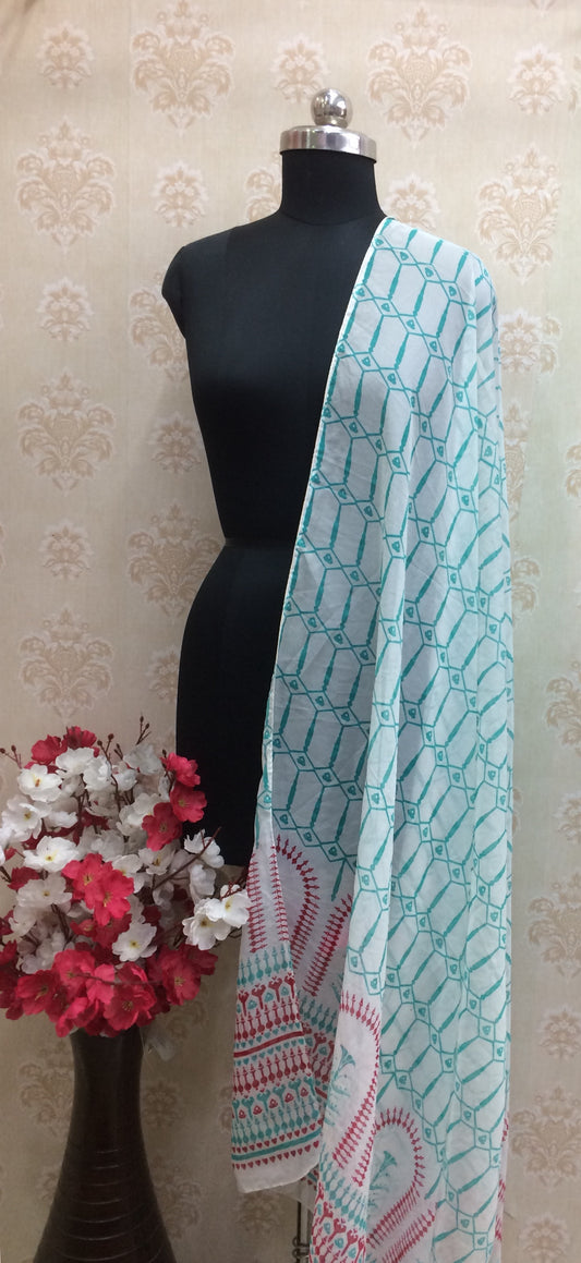 Aqua & Red Jaipuri Print Chiffon Dupatta