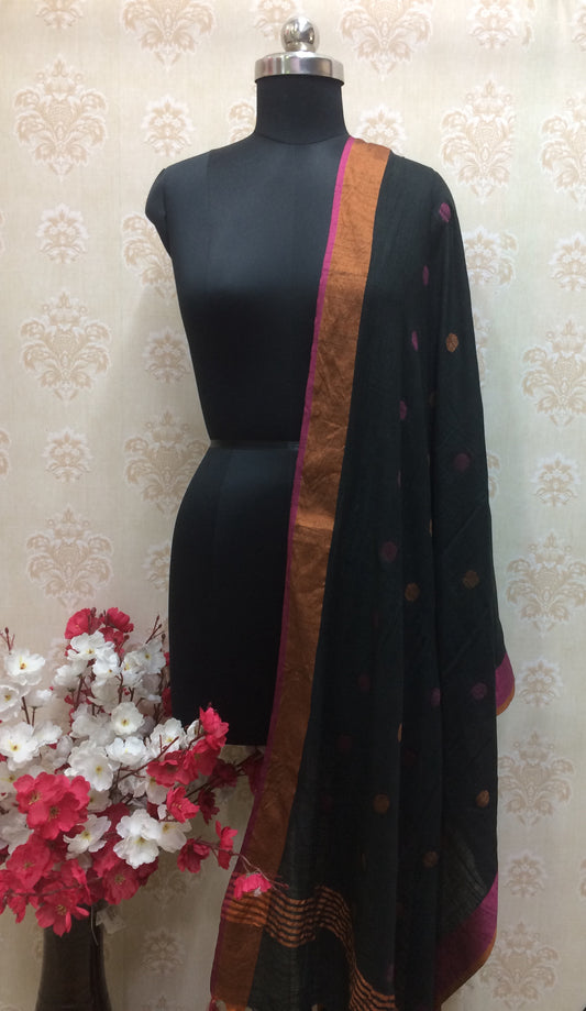 Black Cotton Dupatta with Copper Border and Magenta Motifs