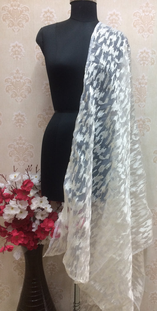 White Abstract Jaquard Woven Organza Dupatta