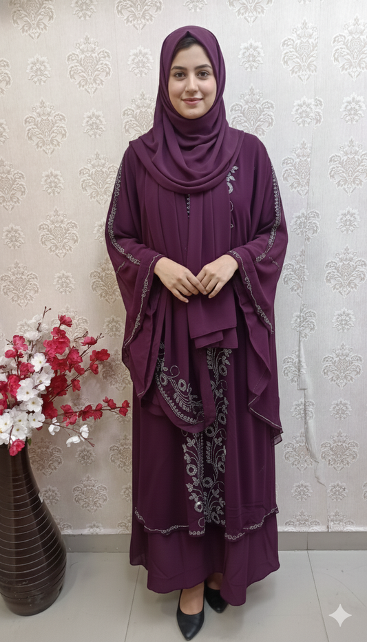 Elegant Plum Embroidered Abaya Set with Matching Hijab