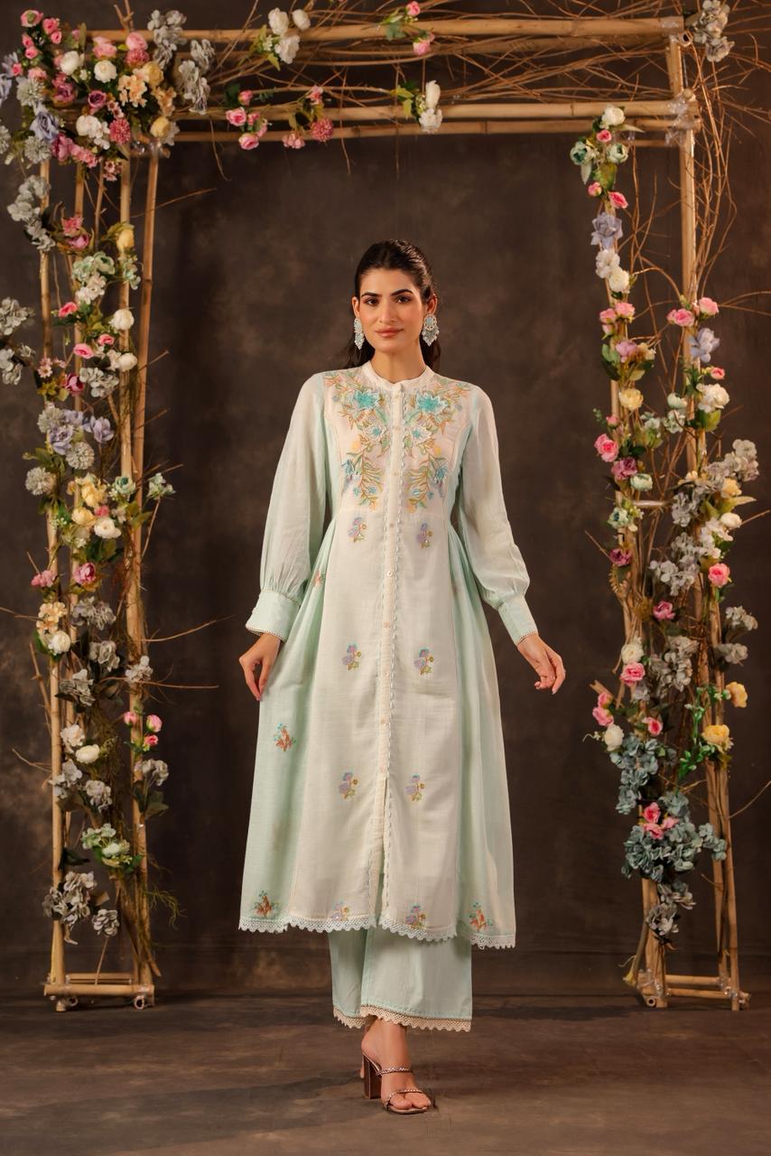 Sea Green Embroidered Front-Slit Anarkali Set