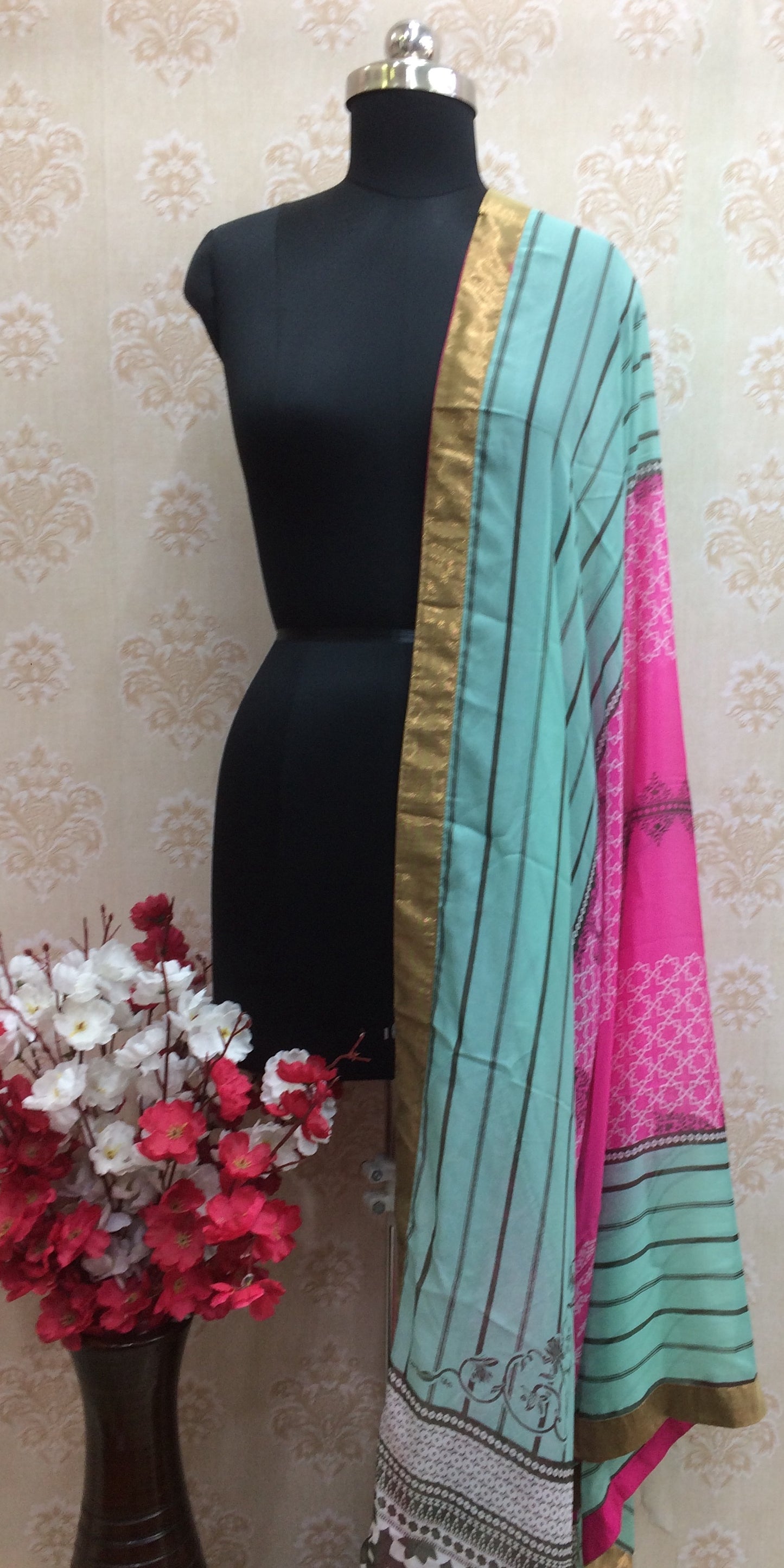 Pink and aqua Chiffon Dupatta with black printed and golden border
