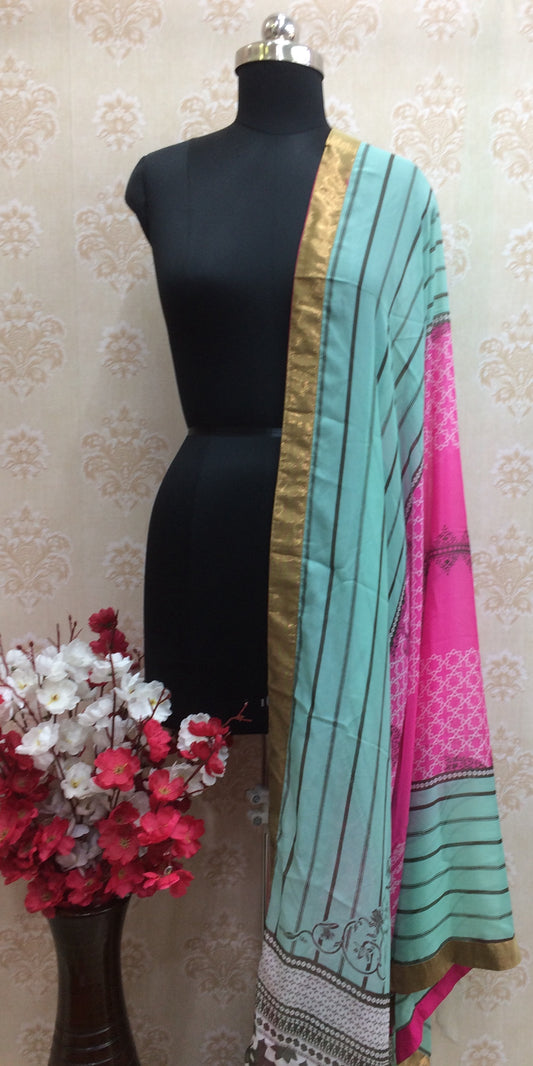 Pink and aqua Chiffon Dupatta with black printed and golden border