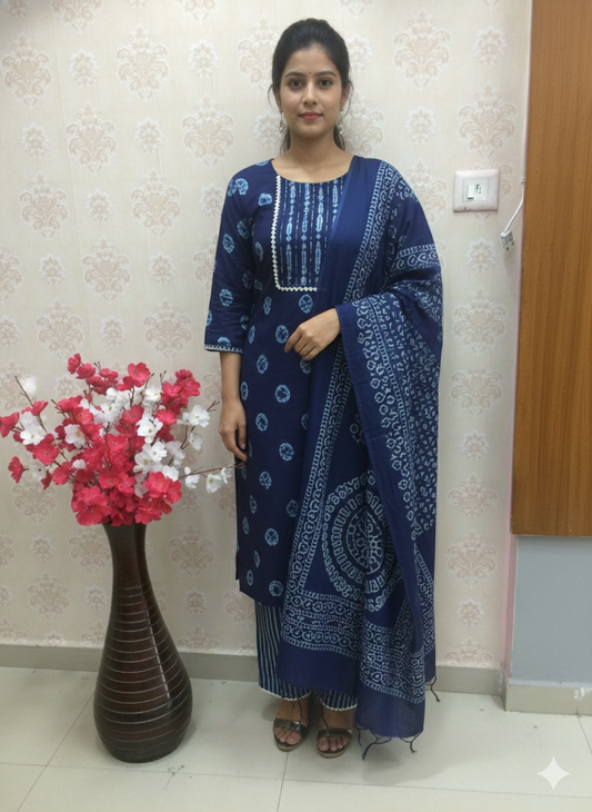 Jaipuri - Navy Blue And White with dupatta
