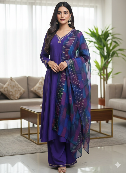 Aafiya Purple Anarkali Suit Set with Multicolor Dupatta