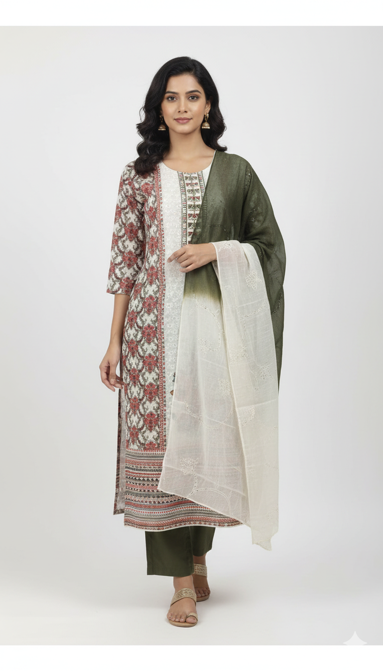 Chikan White And Mehndi with dupatta