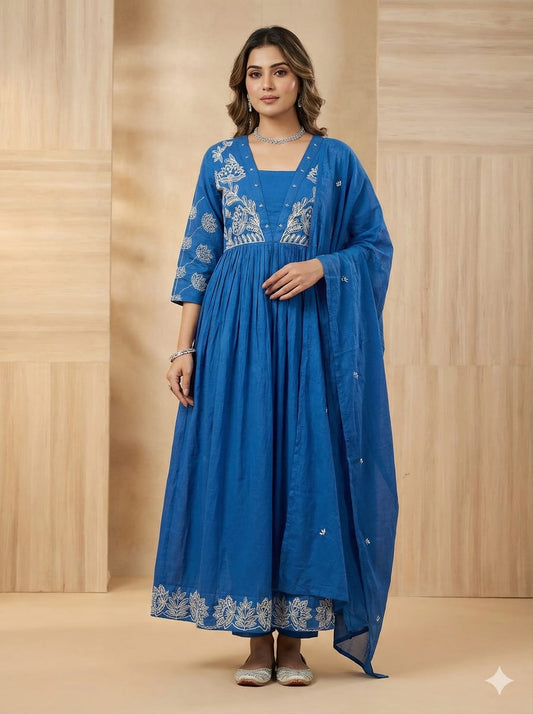 Royal Blue Embroidered Anarkali Suit Set with Dupatta