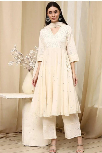 Ivory Cotton Chikankari Style Anarkali Kurta Set