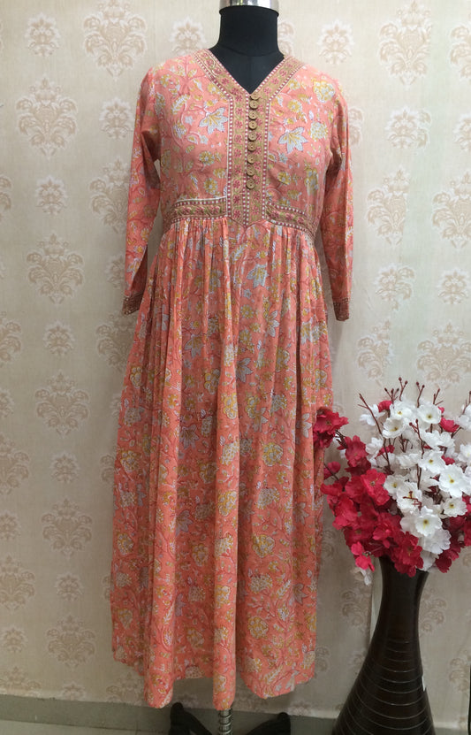 Jaipuri Printed Cotton Anarkali Kurti with Brown Buttons