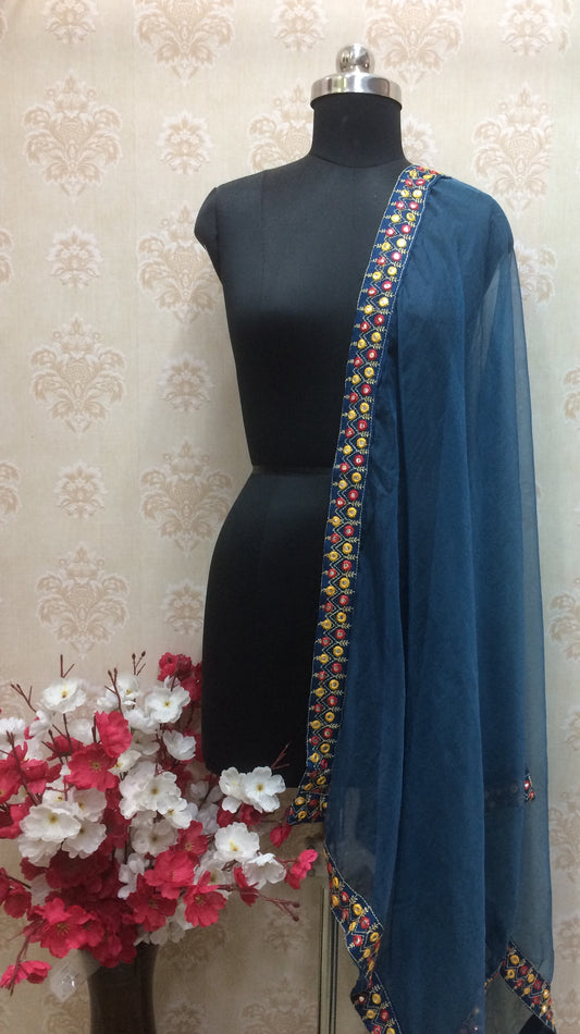Teal/Peacock Blue Organza Dupatta with Multi-Color Mirror Work Border
