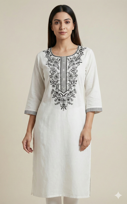 Elegant White Cotton Kurti with Black Floral & Thread Embroidery