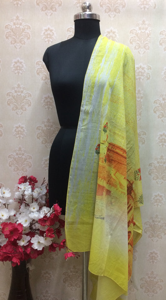 Vibrant Yellow Digital Print Cotton Dupatta for Summer