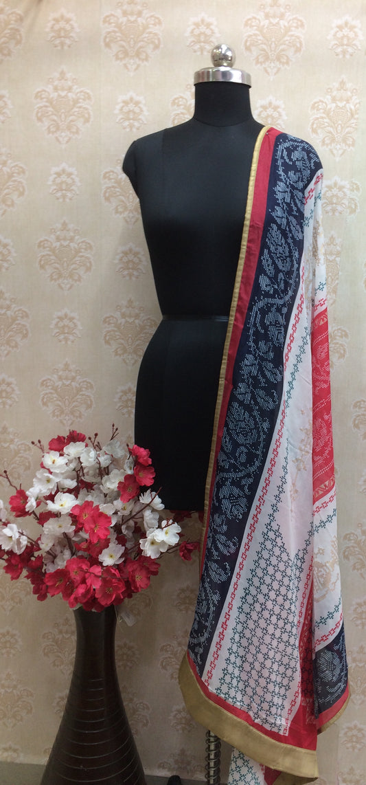 Red & Navy Blue Printed Dupatta