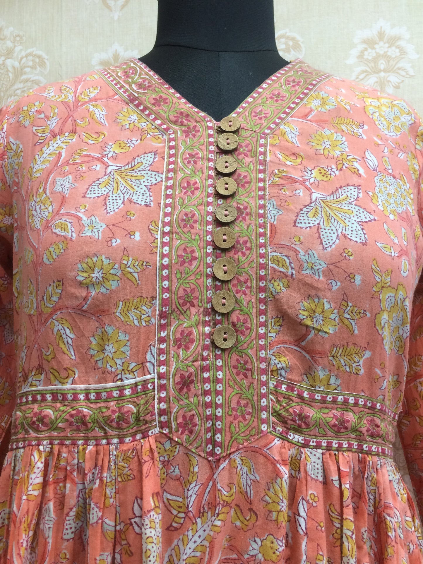 Jaipuri Printed Cotton Anarkali Kurti with Brown Buttons