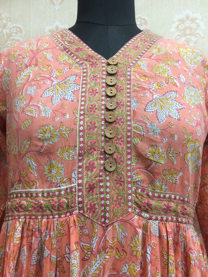 Jaipuri Printed Cotton Anarkali Kurti with Brown Buttons