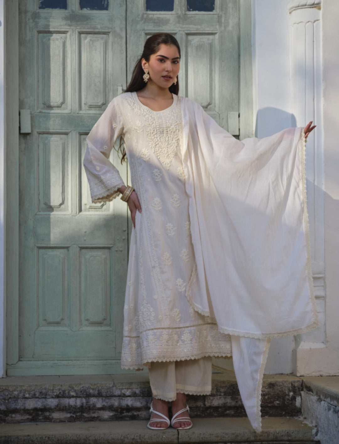 Ivory Pearl Hand-Embroidered Chikankari Anarkali Set