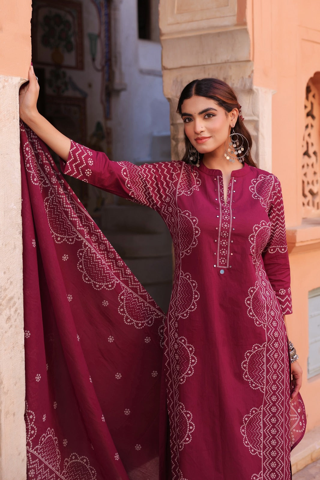 Maria Maroon Bandhani Print Kurta Set
