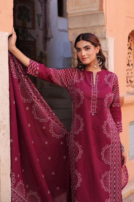 Maria Maroon Bandhani Print Kurta Set