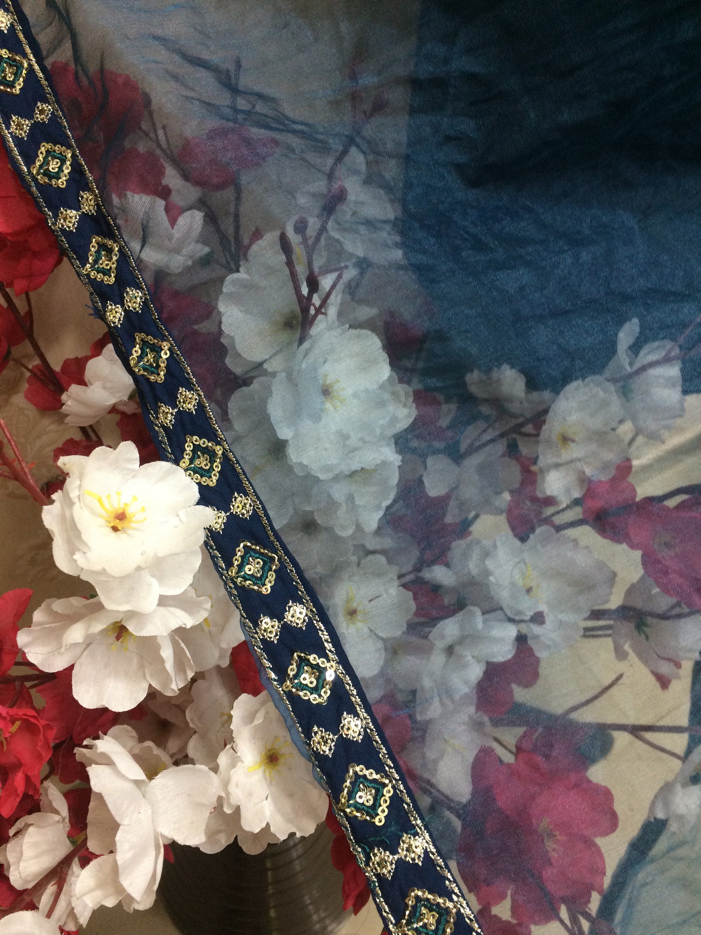 Elegant Teal Organza Dupatta with Gold and Sequin