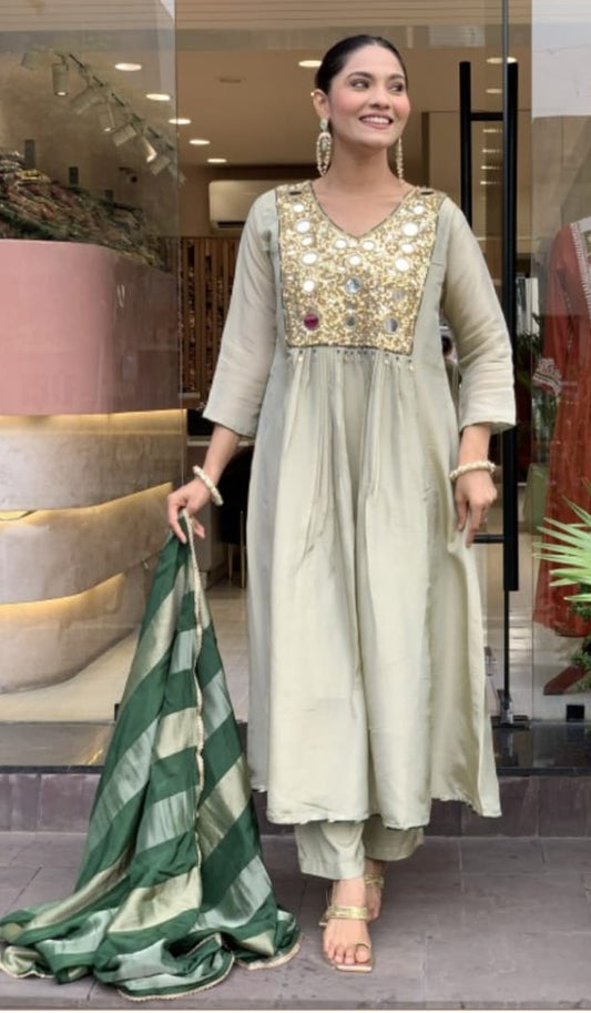 Sage Green Mirror Work Anarkali Suit Set with Bottle Green Dupatta