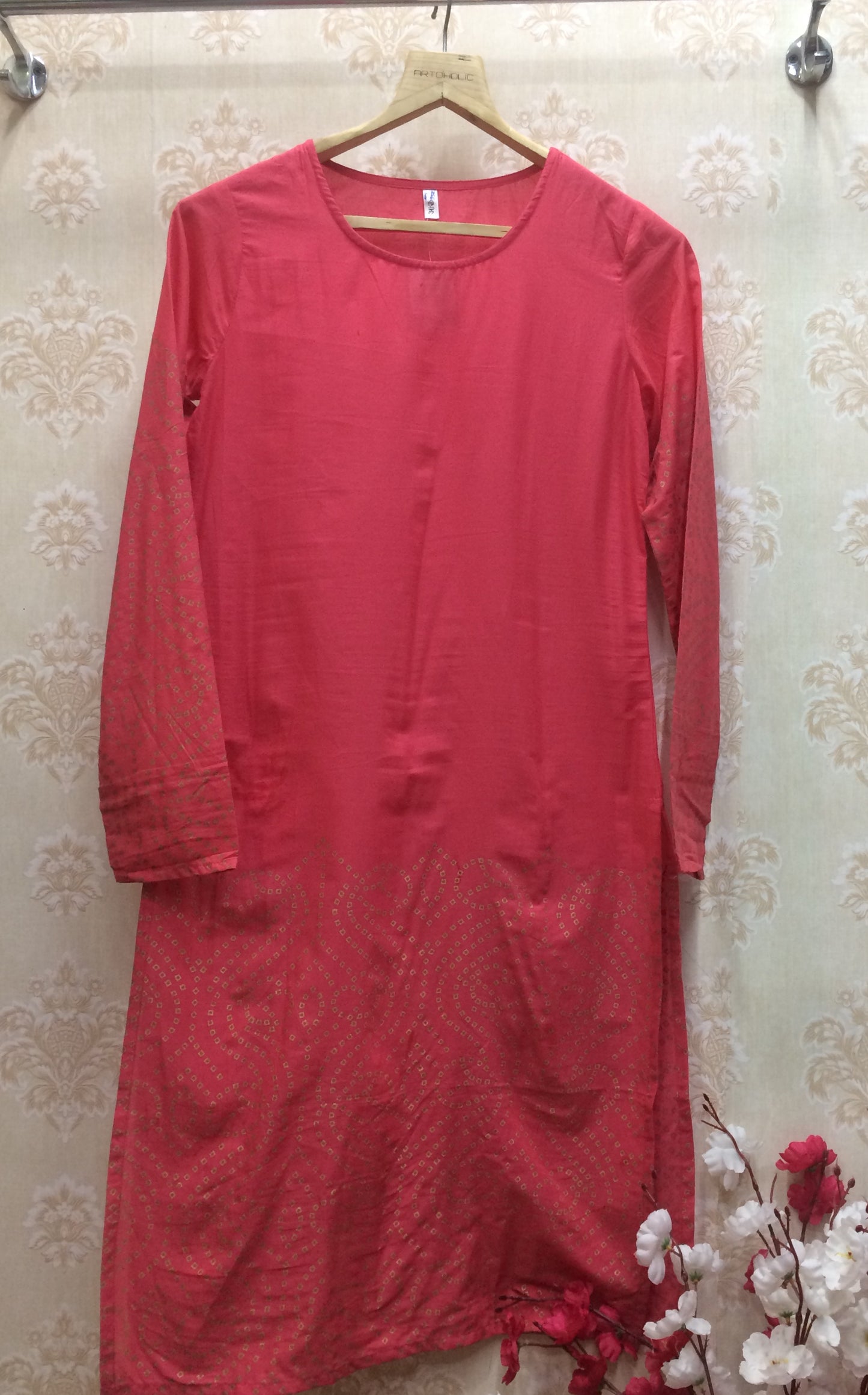 Bright Coral Cotton Kurti with Gold Bandhani Print