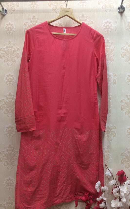 Bright Coral Cotton Kurti with Gold Bandhani Print
