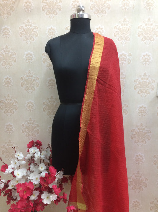 Vibrant Red Cotton Dupatta with Gold Zari Border