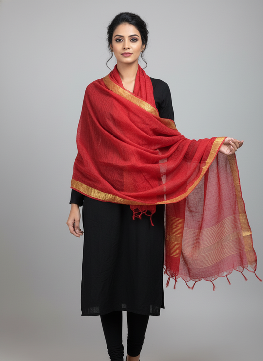 Vibrant Red Cotton Dupatta with Gold Zari Border