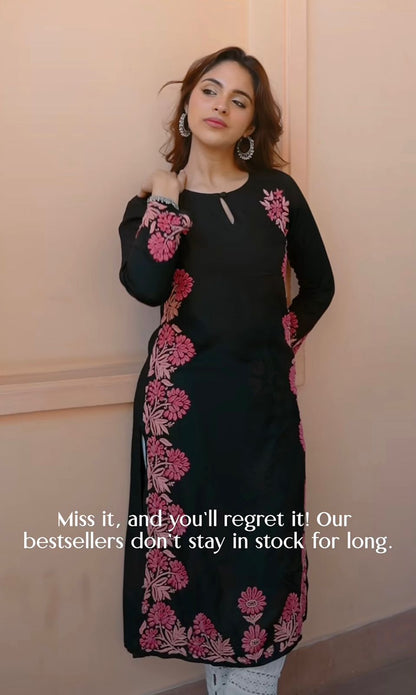 Kurti - Pink & Green Aari Work