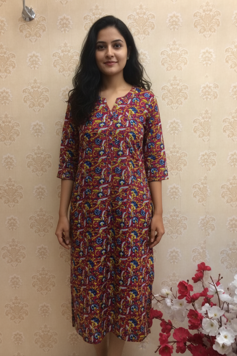 Vibrant Maroon Cotton Kurti with Traditional Floral Print