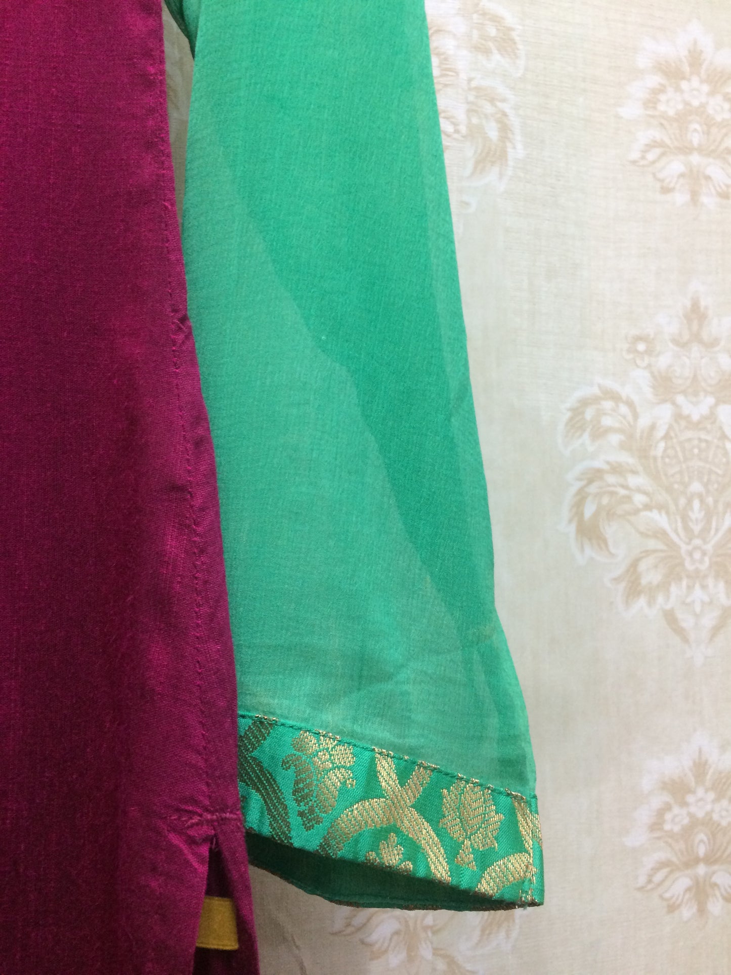 Vibrant Magenta & Green Color Block Kurti with Gold Brocade Yoke