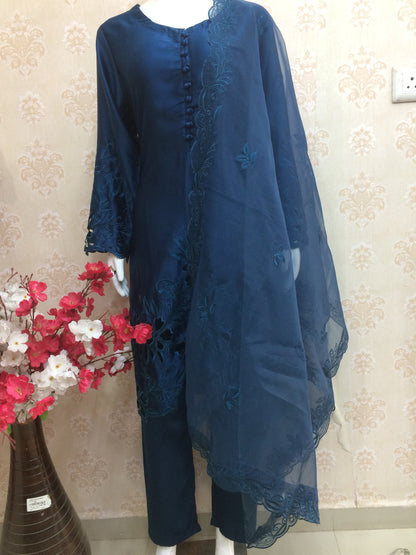 Grey and navy blue Cutwork Embroidered Silk Kurta Set with Organza Dupatta