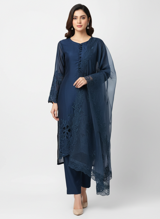 Grey and navy blue Cutwork Embroidered Silk Kurta Set with Organza Dupatta
