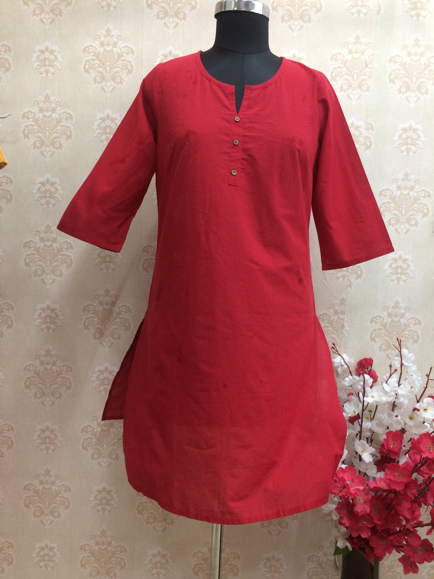 Vibrant Red Solid Cotton Kurti