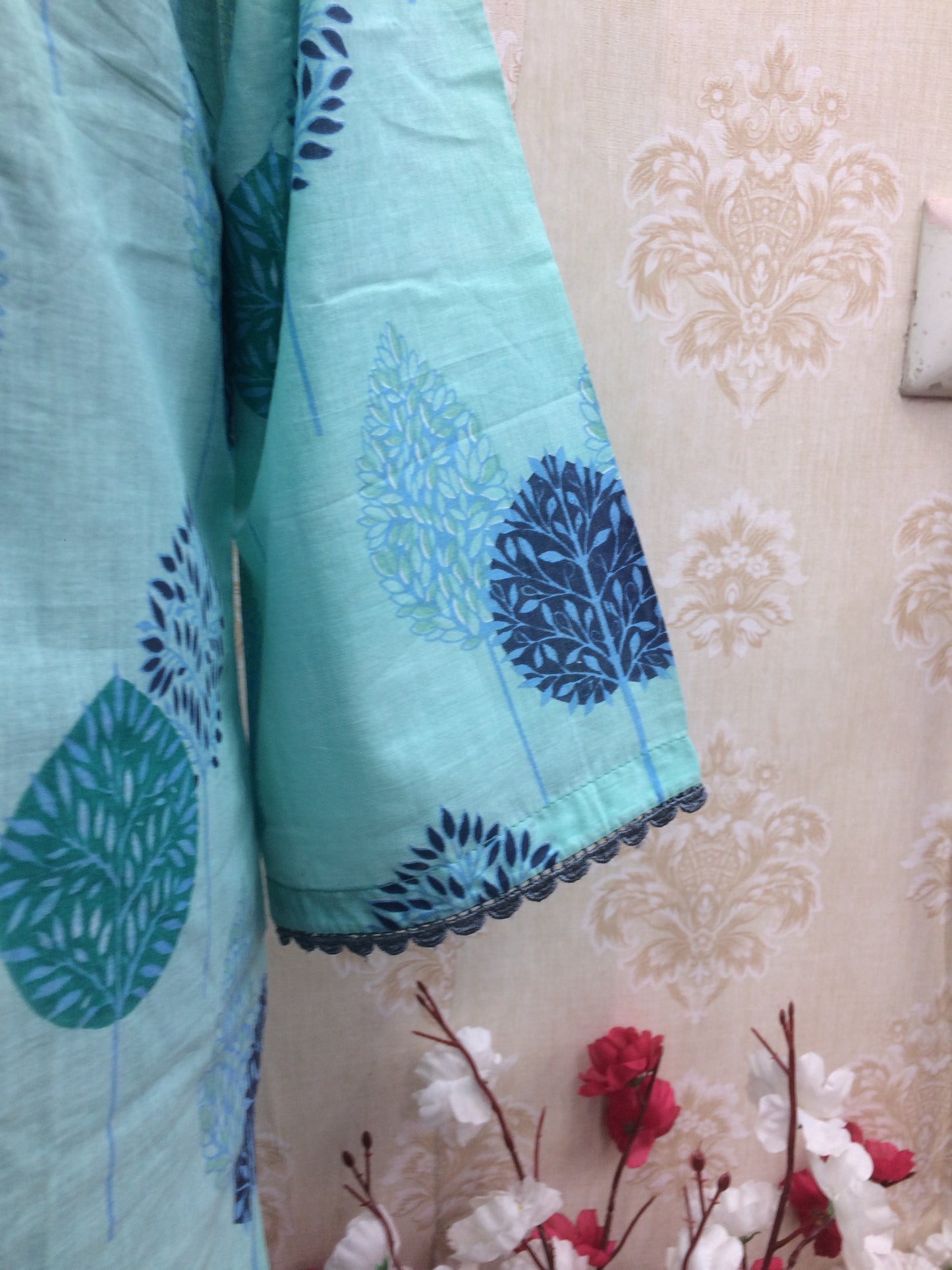 Mint Blue Cotton Printed Short Kurti with Tree Motif & Border Hem
