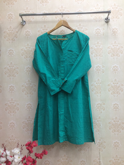 Emerald Cotton Kurti with Pleated Patch Pocket
