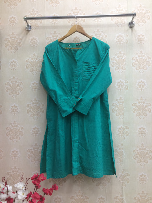Emerald Cotton Kurti with Pleated Patch Pocket