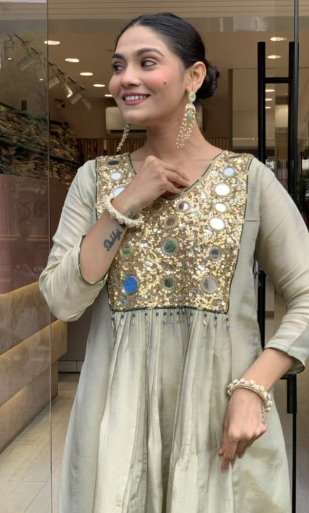 Sage Green Mirror Work Anarkali Suit Set with Bottle Green Dupatta