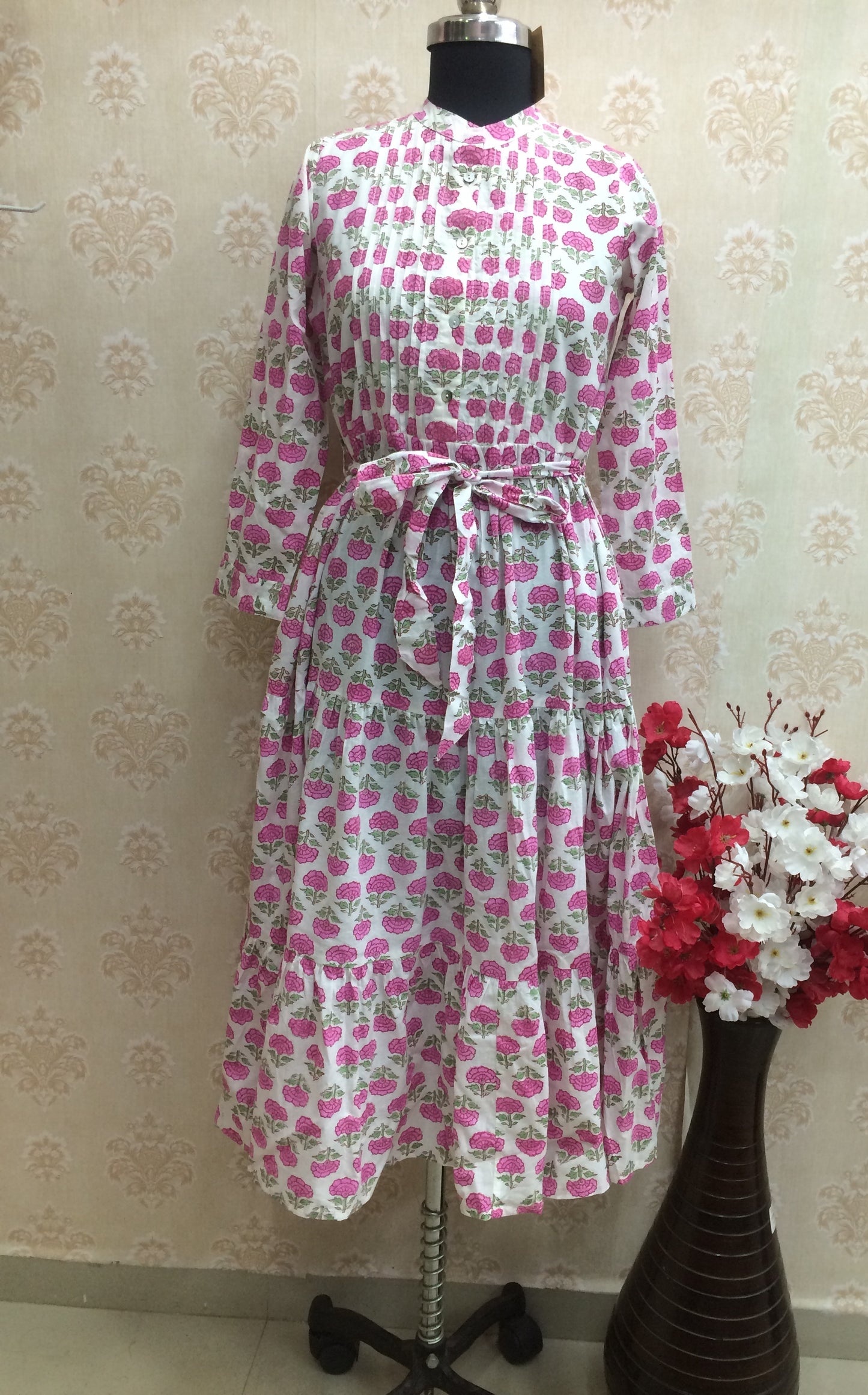 Floral Printed Cotton Kurti with Pleated Yoke with tiered
