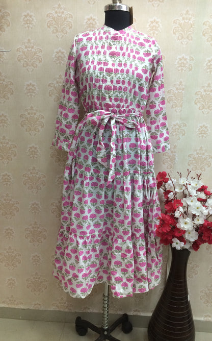 Floral Printed Cotton Kurti with Pleated Yoke with tiered