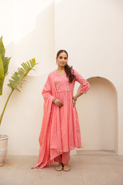 Nora Blushing Rose Embroidered Cotton Anarkali Suit Set