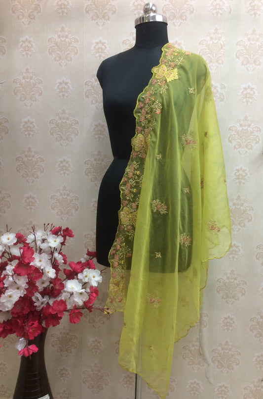 Net Lime Yellow Embroidered Dupatta with Pink and Gold Work