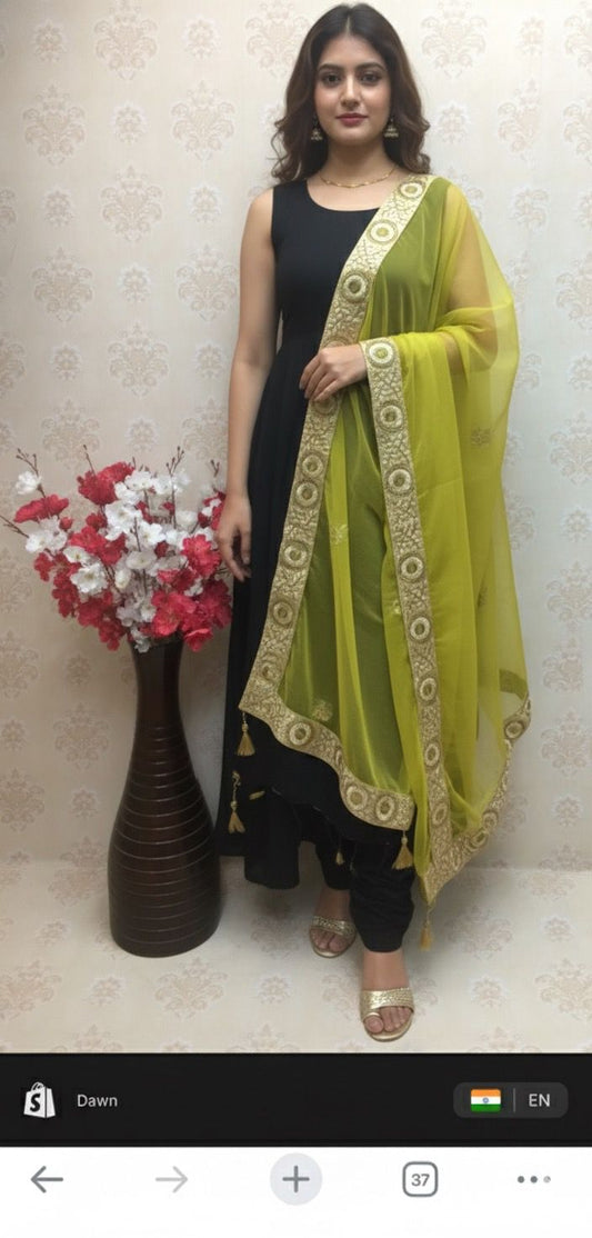 Lime Green Organza Dupatta with Heavy Gold Embroidered Border
