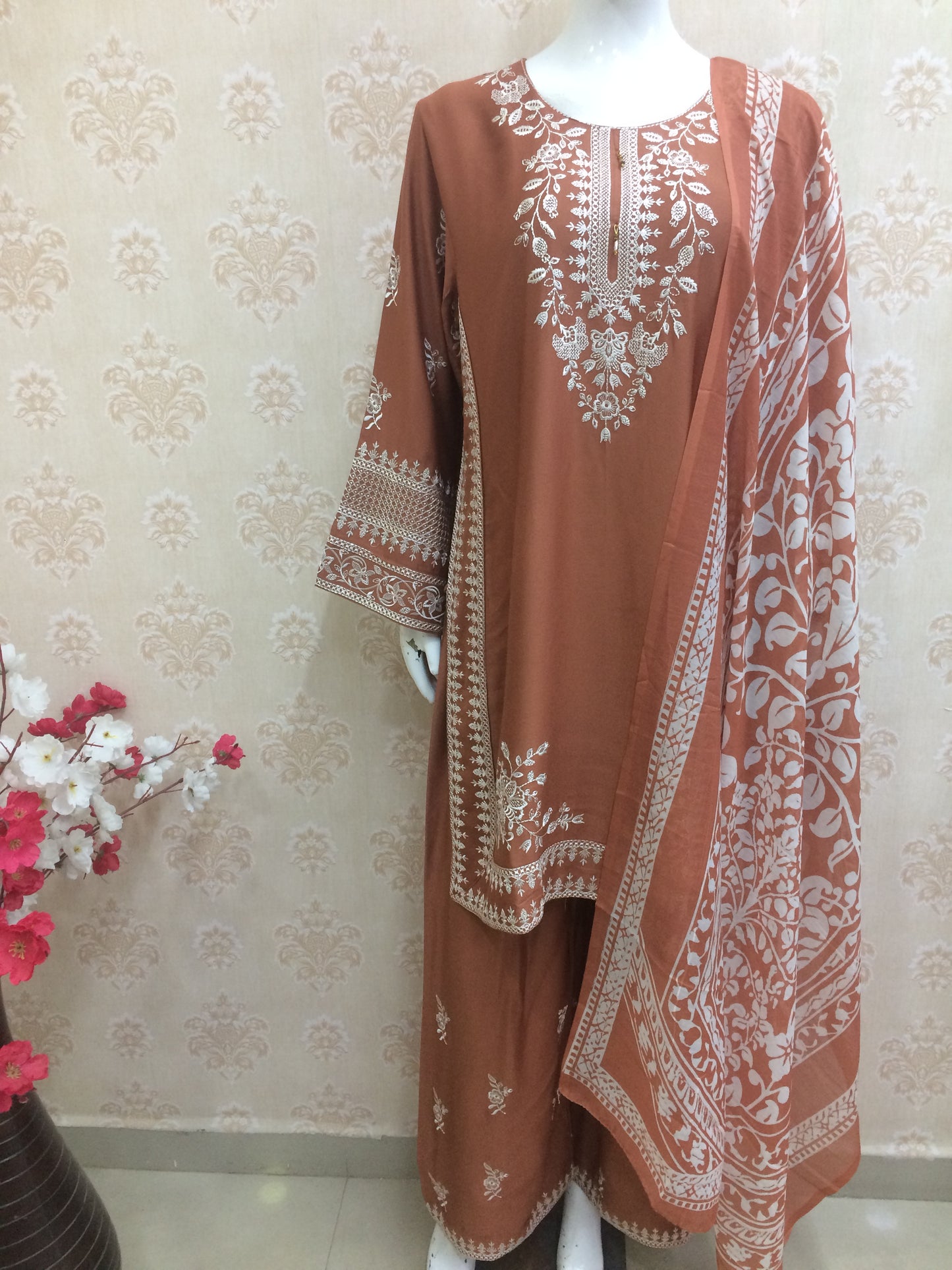 Elegant Embroidered rust and brown rayon Suit Set with Printed Dupatta
