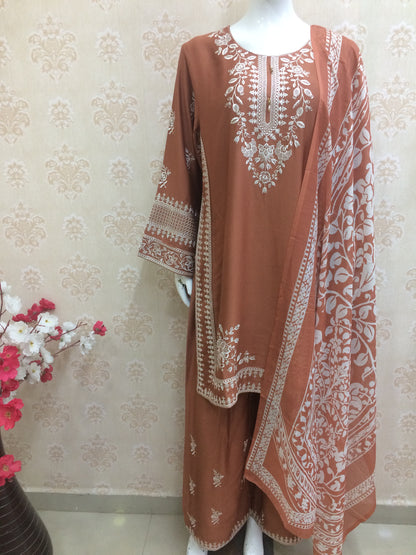 Elegant Embroidered rust and brown rayon Suit Set with Printed Dupatta