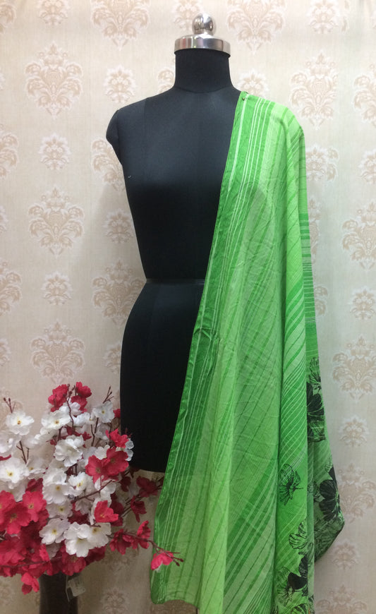 Vibrant Lime Green Cotton Dupatta with Black Floral Print
